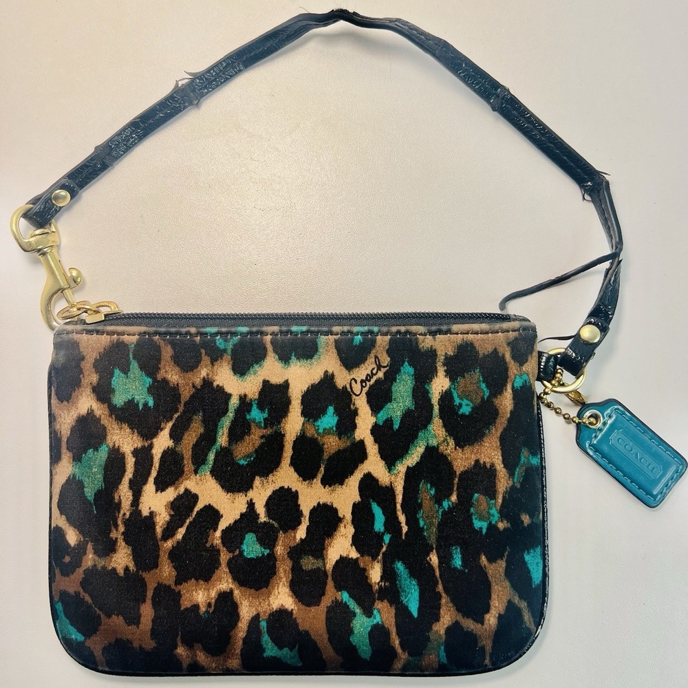 Coach Wristlet Clutch Small Leopard Ocelot Black Brown Teal
